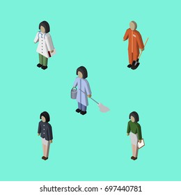 Isometric Person Set Of Cleaner, Pedagogue, Doctor And Other Vector Objects. Also Includes Woman, Medic, Girl Elements.