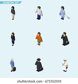 Isometric Person Set Of Detective, Seaman, Housemaid And Other Vector Objects. Also Includes Human, Housekeeper, Guy Elements.