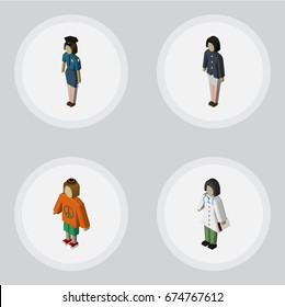 Isometric Person Set Of Doctor, Policewoman, Lady And Other Vector Objects. Also Includes Doctor, Policewoman, Girl Elements.