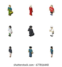 Isometric Person Set Of Doctor, Seaman, Policewoman And Other Vector Objects. Also Includes Agent, Sailor, Officer Elements.