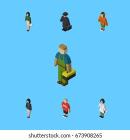 Isometric Person Set Of Girl, Doctor, Pedagogue And Other Vector Objects. Also Includes Boy, Hippie, Agent Elements.