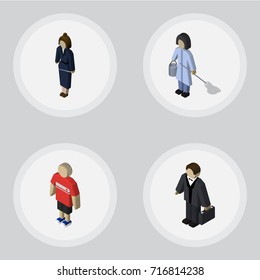 Isometric Person Set Of Guy, Housemaid, Businesswoman And Other Vector Objects. Also Includes Businessman, Cleaner, Investor Elements.