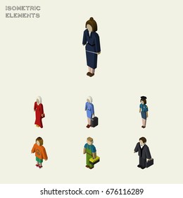 Isometric Person Set Of Hostess, Investor, Lady And Other Vector Objects. Also Includes Businesswoman, Policewoman, Girl Elements.