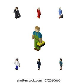 Isometric Person Set Of Hostess, Plumber, Male And Other Vector Objects. Also Includes Investor, Worker, Man Elements.