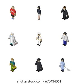 Isometric Person Set Of Investor, Girl, Plumber And Other Vector Objects. Also Includes Boy, Detective, Cleaner Elements.