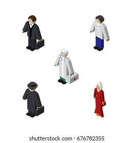 Isometric Person Set Of Investor, Medic, Male And Other Vector Objects. Also Includes Hospital, Female, Medic Elements.