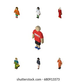 Isometric Person Set Of Lady, Girl, Plumber And Other Vector Objects. Also Includes Lady, Woman, Builder Elements.