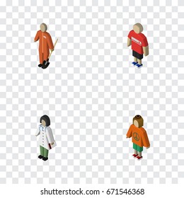 Isometric Person Set Of Lady, Guy, Doctor And Other Vector Objects. Also Includes Lady, Woman, Nurse Elements.