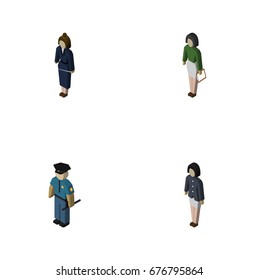 Isometric Person Set Of Pedagogue, Businesswoman, Officer And Other Vector Objects. Also Includes Worker, Educator, Teacher Elements.