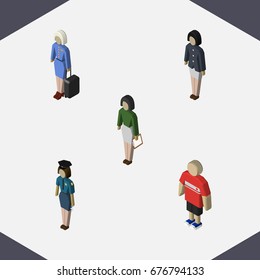 Isometric Person Set Of Pedagogue, Guy, Girl And Other Vector Objects. Also Includes Policewoman, Hostess, Boy Elements.