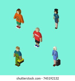 Isometric Person Set Of Policewoman, Lady, Plumber And Other Vector Objects. Also Includes Stewardess, Lady, Man Elements.