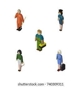 Isometric Person Set Of Policewoman, Pedagogue, Plumber And Other Vector Objects. Also Includes Policewoman, Worker, Female Elements.