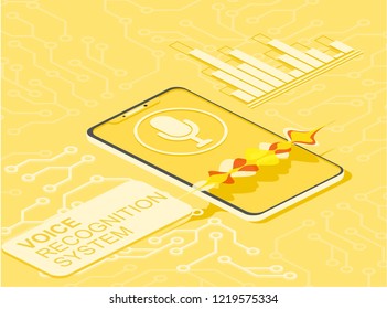 Isometric personal assistant and voice recognition in mobile app. Concept flat vector illustration smartphone with microphone button on screen and voice and sound imitation lines.