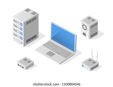 Isometric Personal Computer with a screen, server, router and keyboard. PC personal laptop digital device business data concept digital technology.