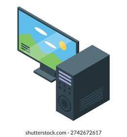 Isometric personal computer showing a nature landscape image on the screen