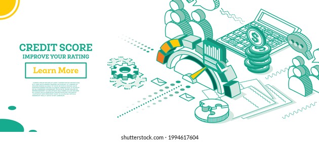 Isometric Personal Credit Score or Rating Concept. Vector Illustration. Coins with Calculator. Avatars with Speech Bubbles. Outline Loan History Meter or Scale for Creditworthiness Report. 