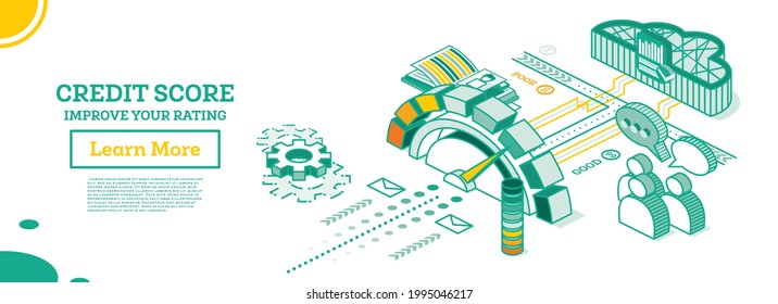 Isometric Personal Credit Score or Rating Concept. Credit Score Calculated in Computer's Cloud. Vector Illustration. Avatars with Speech Bubbles. Outline Loan History Meter.