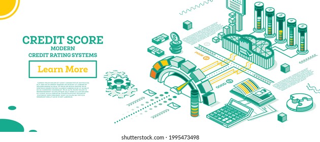 Isometric Personal Credit Score or Rating Concept. Credit Score Calculated in Computer's Cloud. Vector Illustration. Outline Loan History Meter. Modern Rating System.