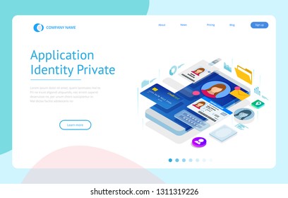 Isometric Personal Data Information App, Identity Private Concept. Digital data Secure Banner. Biometrics technology vector illustration for personal identity recognition and access authentication.