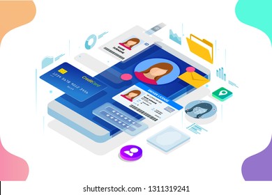 Isometric Personal Data Information App, Identity Private Concept. Digital data Secure Banner. Biometrics technology vector illustration for personal identity recognition and access authentication.