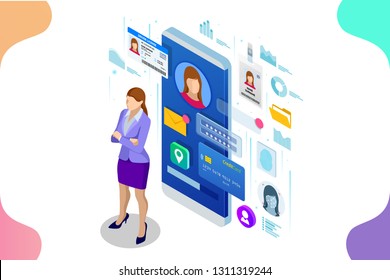 Isometric Personal Data Information App, Identity Private Concept. Digital data Secure Banner. Biometrics technology vector illustration for personal identity recognition and access authentication.