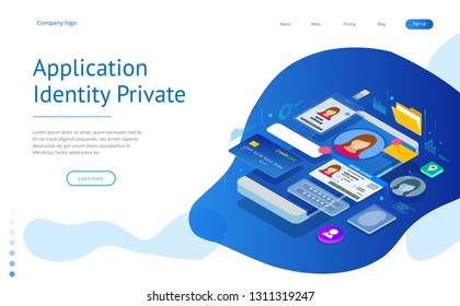 Isometric Personal Data Information App, Identity Private Concept. Digital data Secure Banner. Biometrics technology vector illustration for personal identity recognition and access authentication.