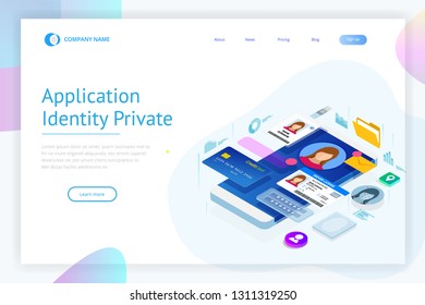 Isometric Personal Data Information App, Identity Private Concept. Digital data Secure Banner. Biometrics technology vector illustration for personal identity recognition and access authentication.