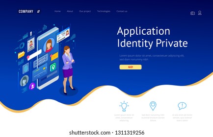 Isometric Personal Data Information App, Identity Private Concept. Digital data Secure Banner. Biometrics technology vector illustration for personal identity recognition and access authentication.