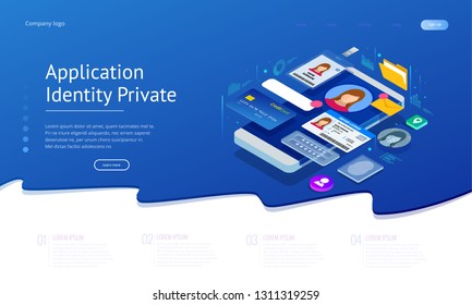 Isometric Personal Data Information App, Identity Private Concept. Digital data Secure Banner. Biometrics technology vector illustration for personal identity recognition and access authentication.