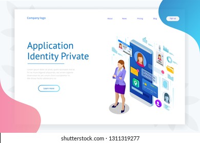 Isometric Personal Data Information App, Identity Private Concept. Digital data Secure Banner. Biometrics technology vector illustration for personal identity recognition and access authentication.