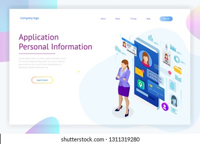 Isometric Personal Data Information App, Identity Private Concept. Digital data Secure Banner. Biometrics technology vector illustration for personal identity recognition and access authentication.