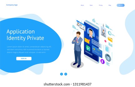 Isometric Personal Data Information App, Identity Private Concept. Digital data Secure Banner. Biometrics technology vector illustration for personal identity recognition and access authentication.