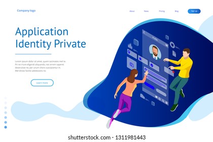 Isometric Personal Data Information App, Identity Private Concept. Digital data Secure Banner. Biometrics technology vector illustration for personal identity recognition and access authentication.