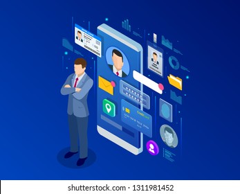 Isometric Personal Data Information App, Identity Private Concept. Digital data Secure Banner. Biometrics technology vector illustration for personal identity recognition and access authentication.