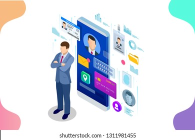 Isometric Personal Data Information App, Identity Private Concept. Digital data Secure Banner. Biometrics technology vector illustration for personal identity recognition and access authentication.