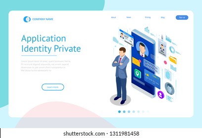 Isometric Personal Data Information App, Identity Private Concept. Digital data Secure Banner. Biometrics technology vector illustration for personal identity recognition and access authentication.