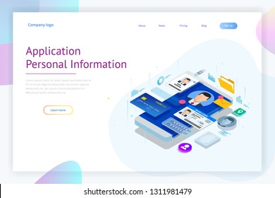 Isometric Personal Data Information App, Identity Private Concept. Digital data Secure Banner. Biometrics technology vector illustration for personal identity recognition and access authentication.