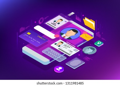 Isometric Personal Data Information App, Identity Private Concept. Digital data Secure Banner. Biometrics technology vector illustration for personal identity recognition and access authentication.