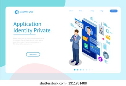 Isometric Personal Data Information App, Identity Private Concept. Digital data Secure Banner. Biometrics technology vector illustration for personal identity recognition and access authentication.