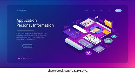 Isometric Personal Data Information App, Identity Private Concept. Digital data Secure Banner. Biometrics technology vector illustration for personal identity recognition and access authentication.