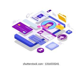 Isometric Personal Data Information App, Identity Private Concept. Digital data Secure Banner. Biometrics technology vector illustration for personal identity recognition and access authentication.