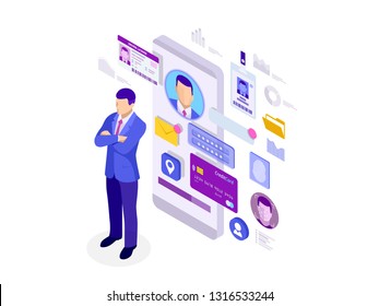 Isometric Personal Data Information App, Identity Private Concept. Digital data Secure Banner. Biometrics technology vector illustration for personal identity recognition and access authentication.