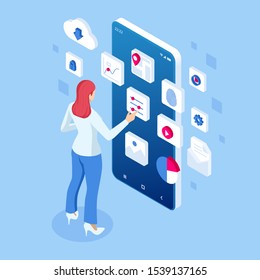 Isometric Personal Data Information App, Identity Private Concept. Digital data Secure Banner. Biometrics technology vector illustration for personal identity recognition and access authentication.