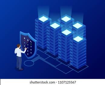 Isometric personal data protection web banner concept. Cyber security and privacy. Traffic Encryption, VPN, Privacy Protection Antivirus. Vector illustration.