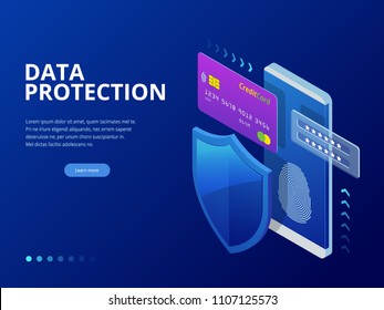 Isometric personal data protection web banner concept. Cyber security and privacy. Traffic Encryption, VPN, Privacy Protection Antivirus. Vector illustration.