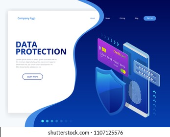 Isometric personal data protection web banner concept. Cyber security and privacy. Traffic Encryption, VPN, Privacy Protection Antivirus. Vector illustration.