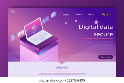 El concepto de banner web de protección de datos personales isométrica. Conceptos de pagos móviles, protección de datos personales. Gran flujo de datos, base de datos en la nube, alojamiento web. Seguridad de Internet isométrica.