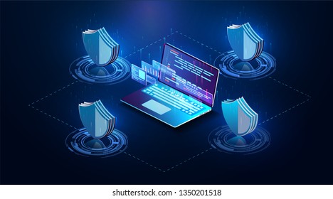 Isometric personal data protection web banner concept. Cyber security and privacy. Network digital technology concept. Security vector icon. Vector isolated illustration. The future of data security.