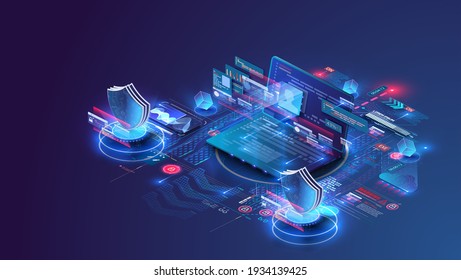 Isometric personal data protection web banner concept. Cyber security and privacy. Network digital technology concept. Security isolated illustration. The future of data security. Vector illustration