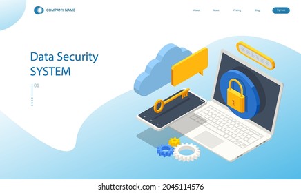 Concepto de banner web de protección de datos personales isométrico. Seguridad cibernética y privacidad. Cifrado de tráfico, VPN, Antivirus de protección de privacidad.